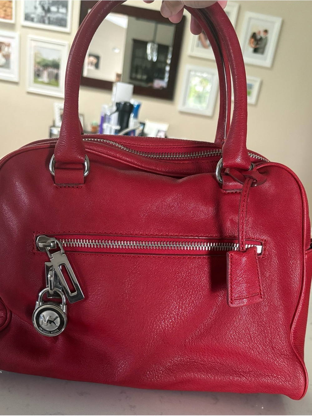 Michael Kors Vibrant Red Leather Satchel with Silver Accents